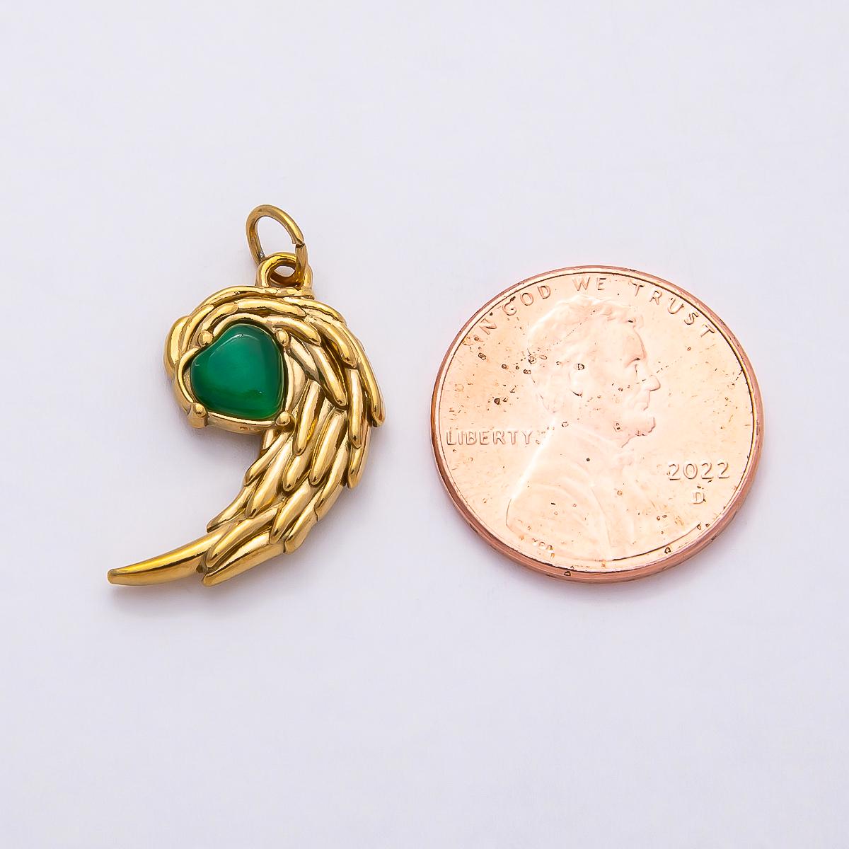 18k Stainless Steel Gold Angel Wing Charm with Green Heart Guardian Angel Feather Spiritual Jewelry DIY Necklace Bracelet | CHARMS-00808
