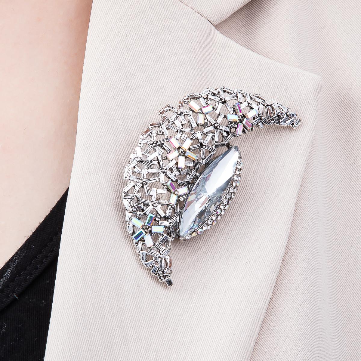 Big Silver Crescent Moon Brooch Pin Green White Crystal Celestial Lapel Pin Statement Brooch Floral Rhinestone BH-128