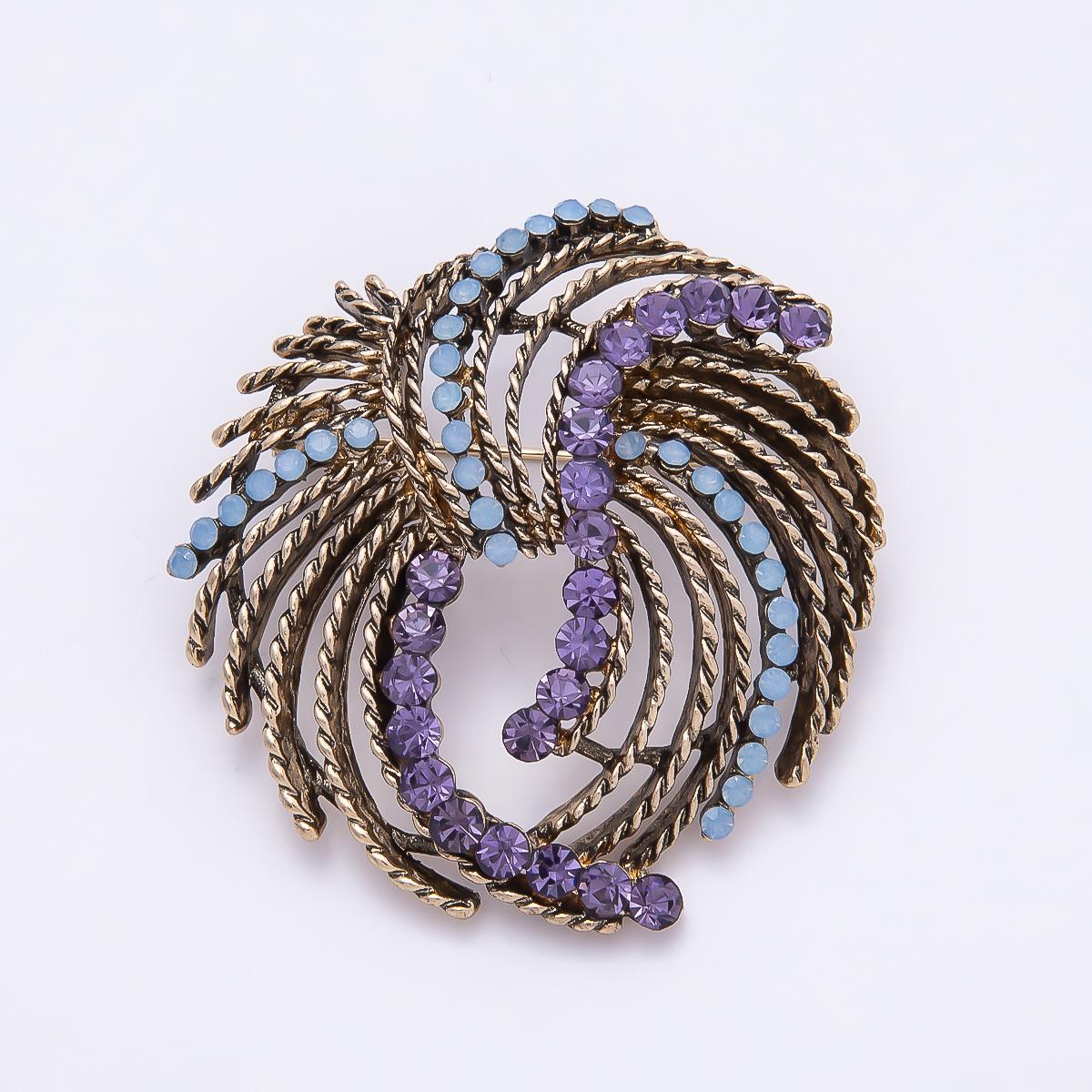 Vintage Lavender Rhinestone Brooch Pin, Blue Opal Swirl Gold Tone Brooch, Retro Statement Jewelry BH-127