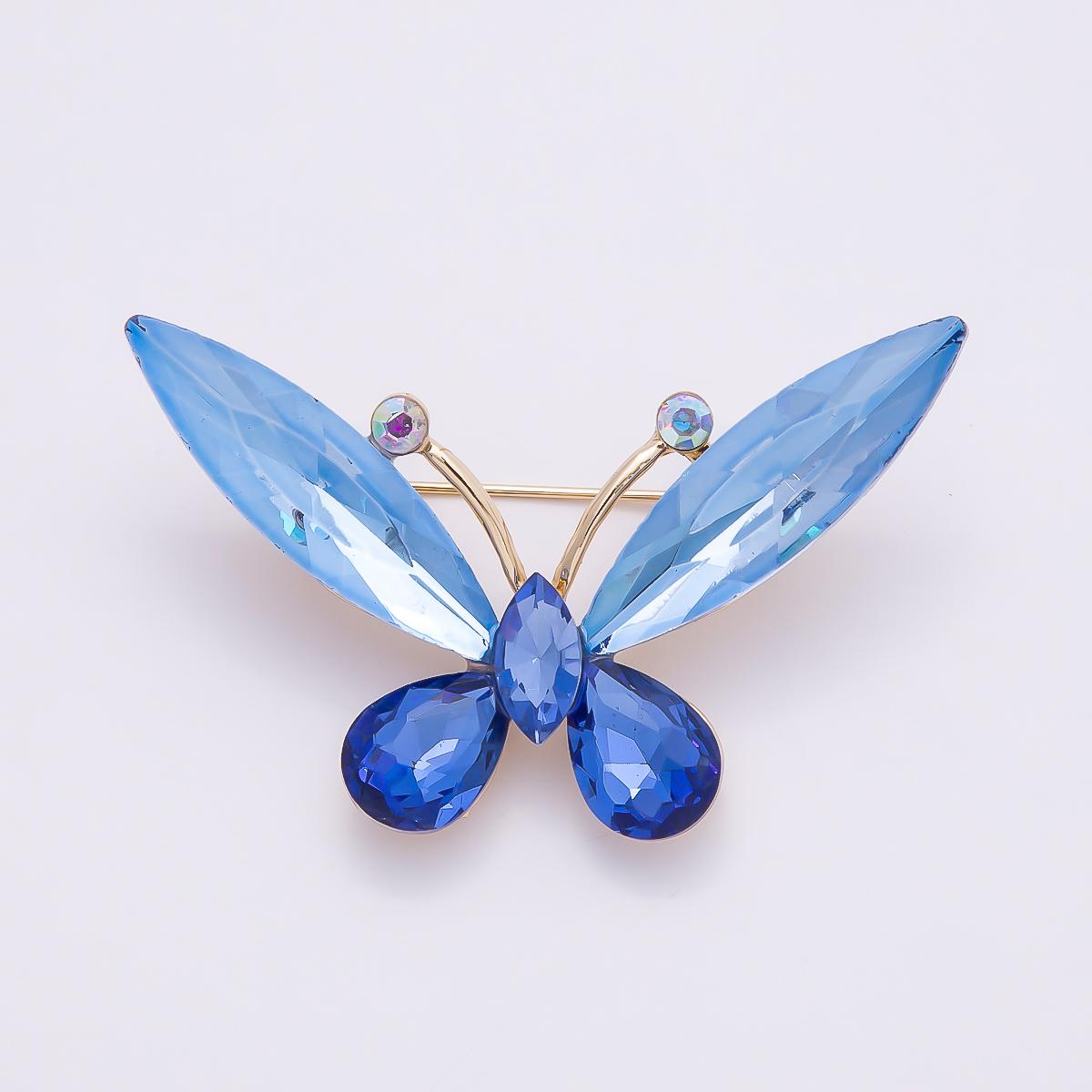 Crystal Rhinestone Brooch 56mm Glass Wing Lapel Pin Blue and Green Mariposa Fashion Accessory for Coats Bags and Scarves | BH-131
