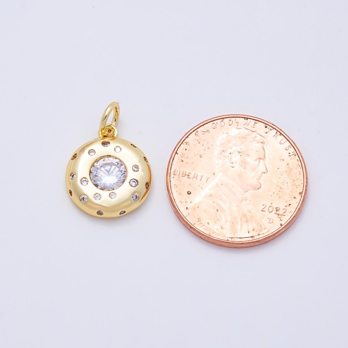 16K Gold Filled 13mm Clear CZ Round Dotted Bezel Charm Solitaire Pendant Dainty Circle Jewelry Making Findings Gift for Her | Charms-00979