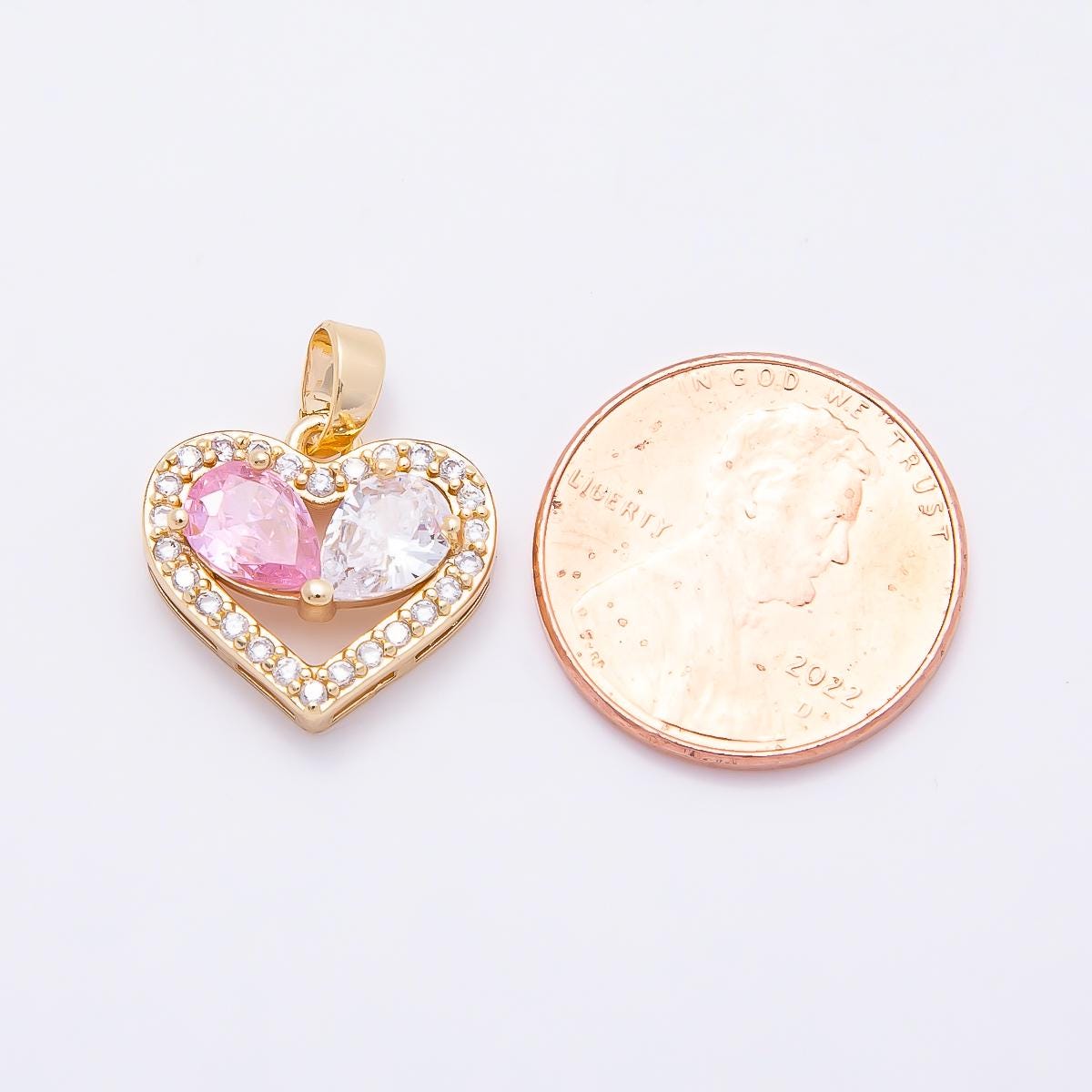 16K Gold Filled 15mm Pink Clear Micro Paved CZ Teardrop Open Heart Pendant Romantic Gift for Her DIY Anniversary Jewelry | Charms-01043