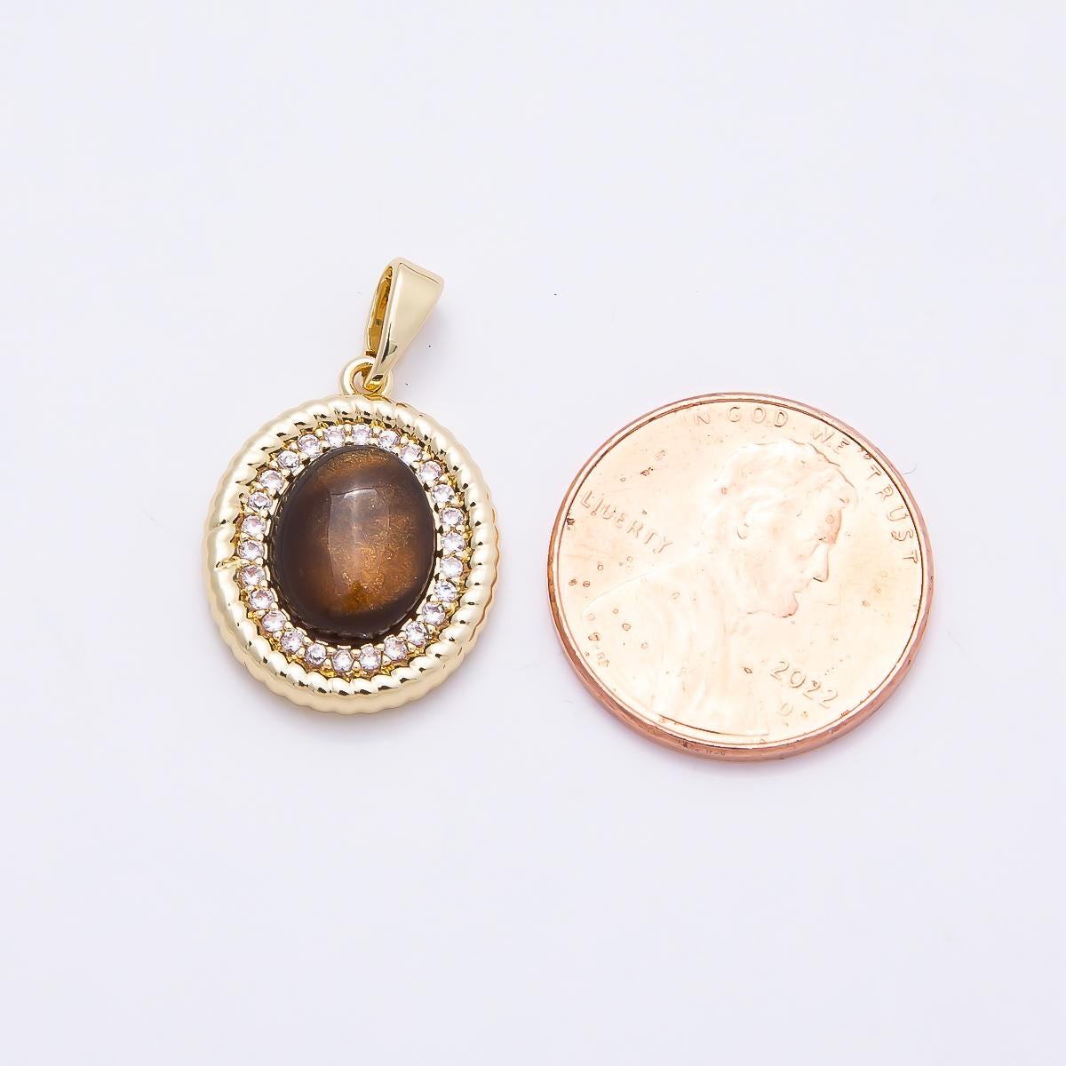 16K Gold Filled 18mm Tiger Eye Cabochon Micro Paved CZ Croissant Bezel Oval Pendant Timeless Brown Charm Vintage Style Gift | Charms-00952