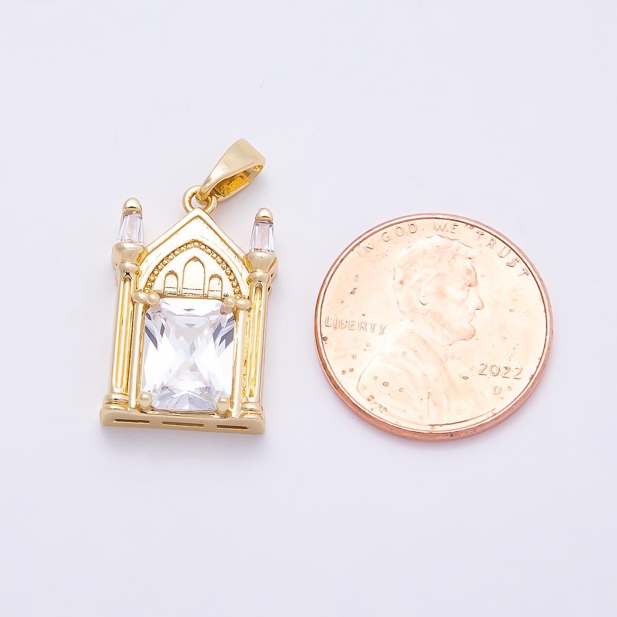16K Gold Filled 20mm Clear CZ Baguette Vintage Church Castle Pendant Cathedral Architecture Charm Jewelry Supply DIY Necklace | Charms-01037