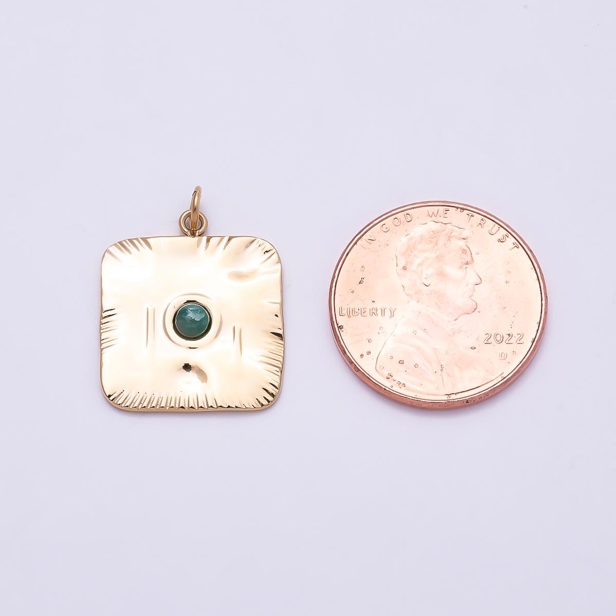 PVD Gold Stainless Steel 18mm Green Aventurine Natural Gemstone Textured Square Medallion Charm Boho Statement Necklace | Charms-01022