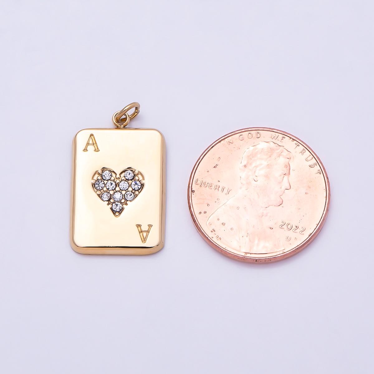 PVD Gold Stainless Steel 20mm Micro Paved CZ Ace of Heart Game Card Charm Playing Card Pendant Charm Bar DIY Jewelry Supply | Charms-01028
