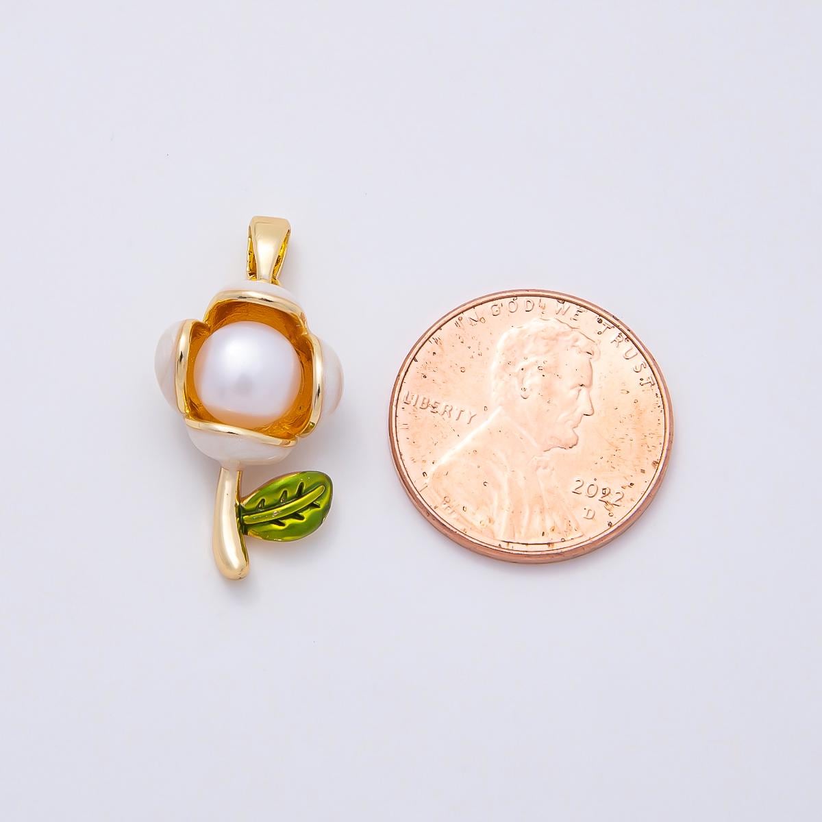 16K Gold Filled 21mm Shell Pearl Enamel Flower Pendant in Gold & Silver Floral Stem Leaf Jewelry Making Supplies for Necklace | Charms-00977