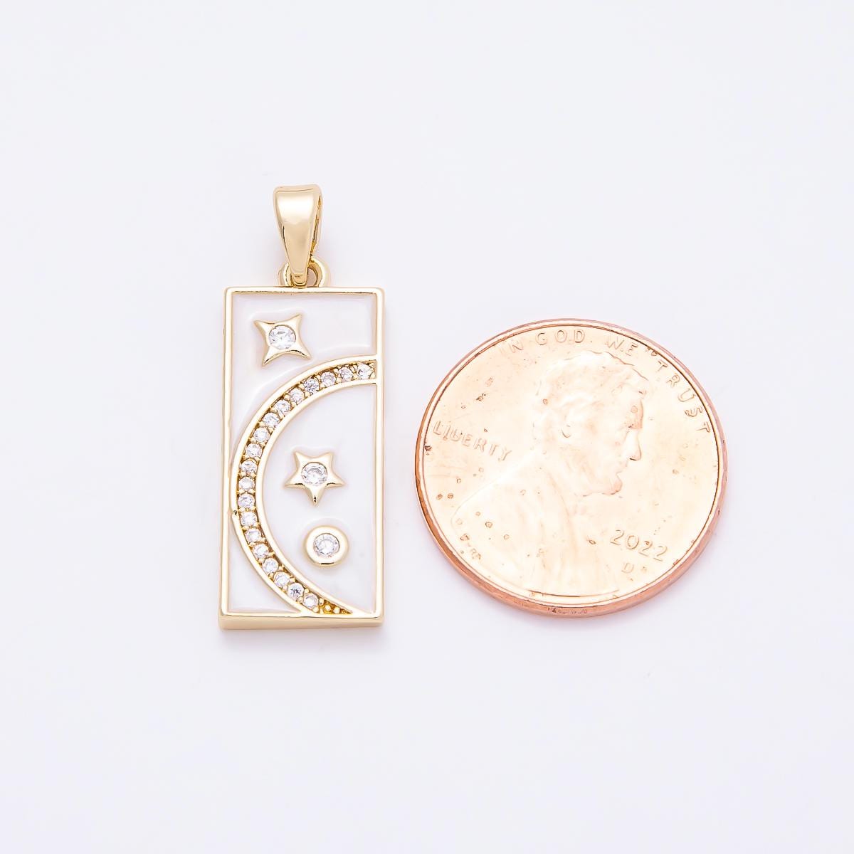 16K Gold Filled 24mm Micro Paved CZ White Enamel Celestial Moon Star Rectangular Tag Pendant DIY Jewelry Making Supply | Charms-00953