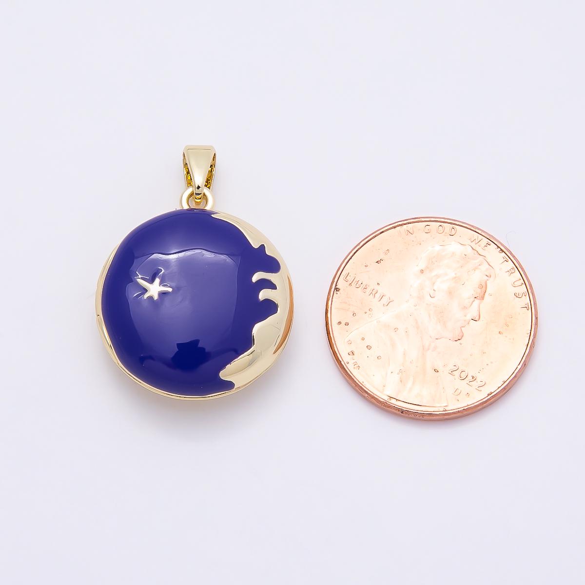 16K Gold Filled 20mm Blue Enamel Star Sky Round Locket Pendant Celestial Night Whimsical Gift Jewelry Supply DIY Necklace | Charms-01030