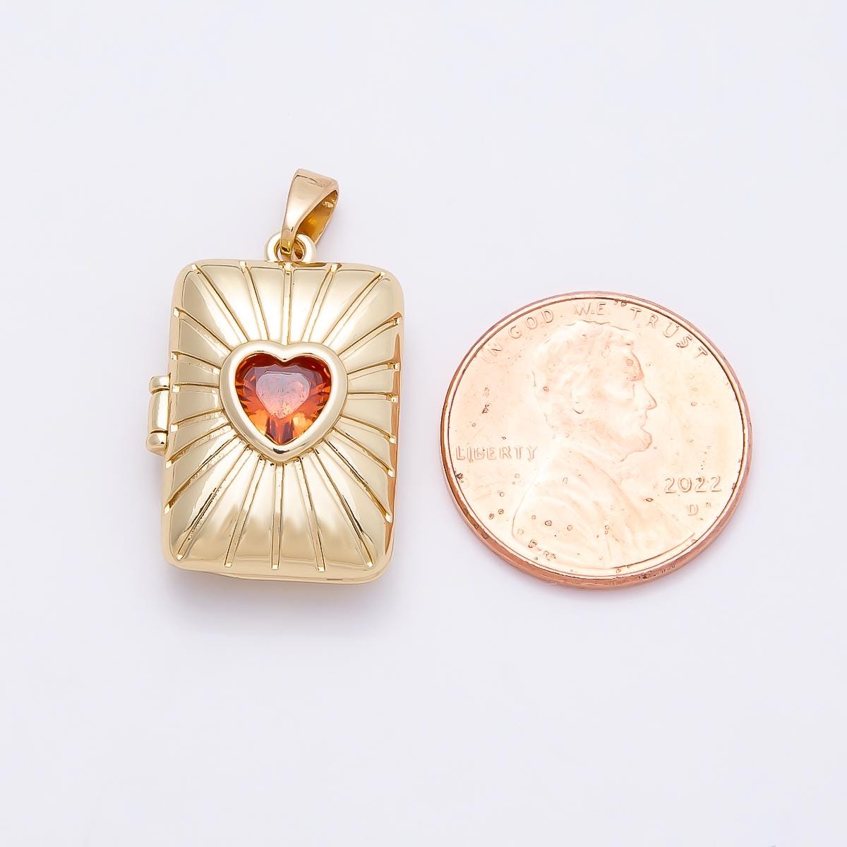 16K Gold Filled 22mm Red Heart CZ Sunburst Rectangle Locket Pendant Starburst Medallion DIY Jewelry Supply custom Necklace | Charms-01035