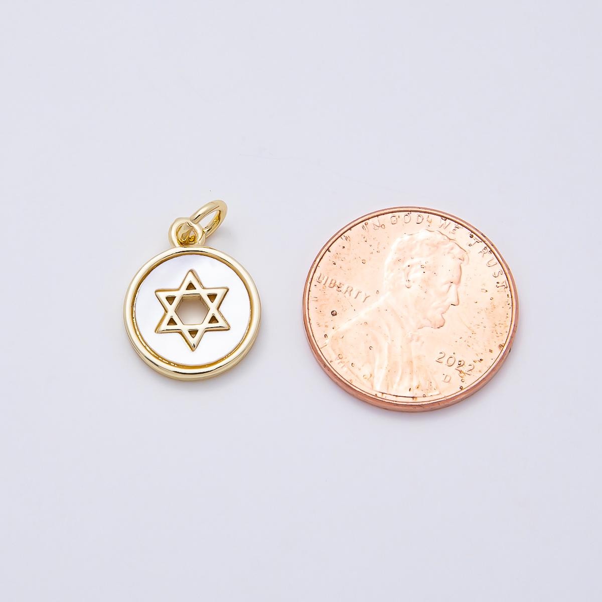 16K Gold Filled Star of David Shell Pearl Open Round Charm White Enamel Coin Pendant Dainty DIY Jewish Jewelry Making Supply | CHARMS-01105