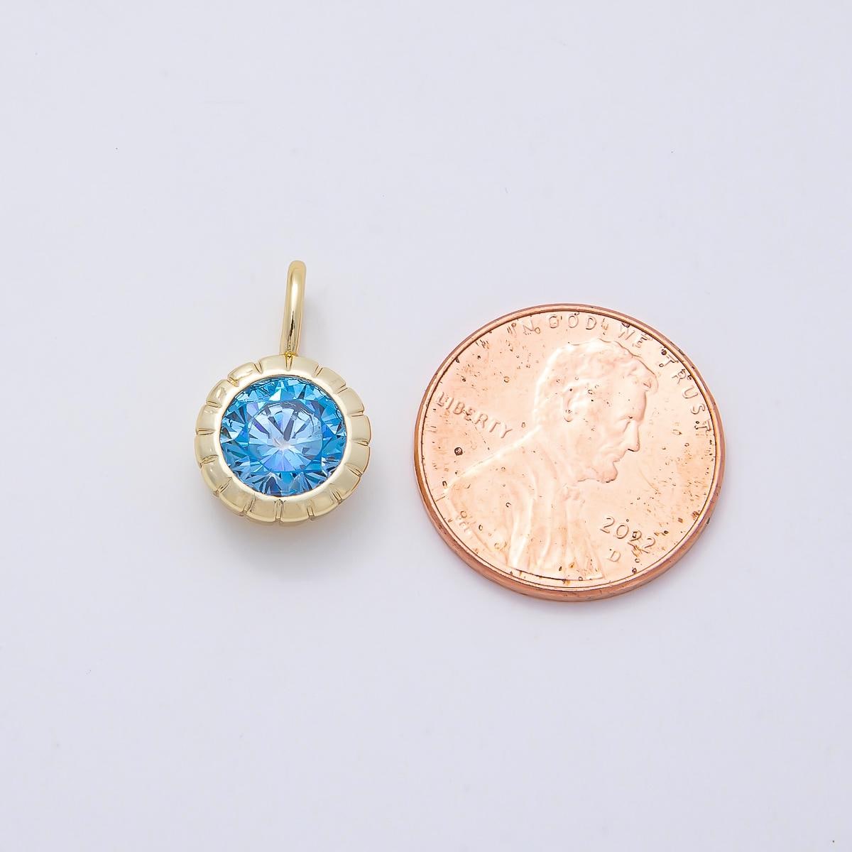 16K Gold Filled 17mm Birthstone Round CZ Ribbed Bezel Mini Pendant Colorful DIY Necklace Bracelet Birth Month Jewelry Making | Charms-01113