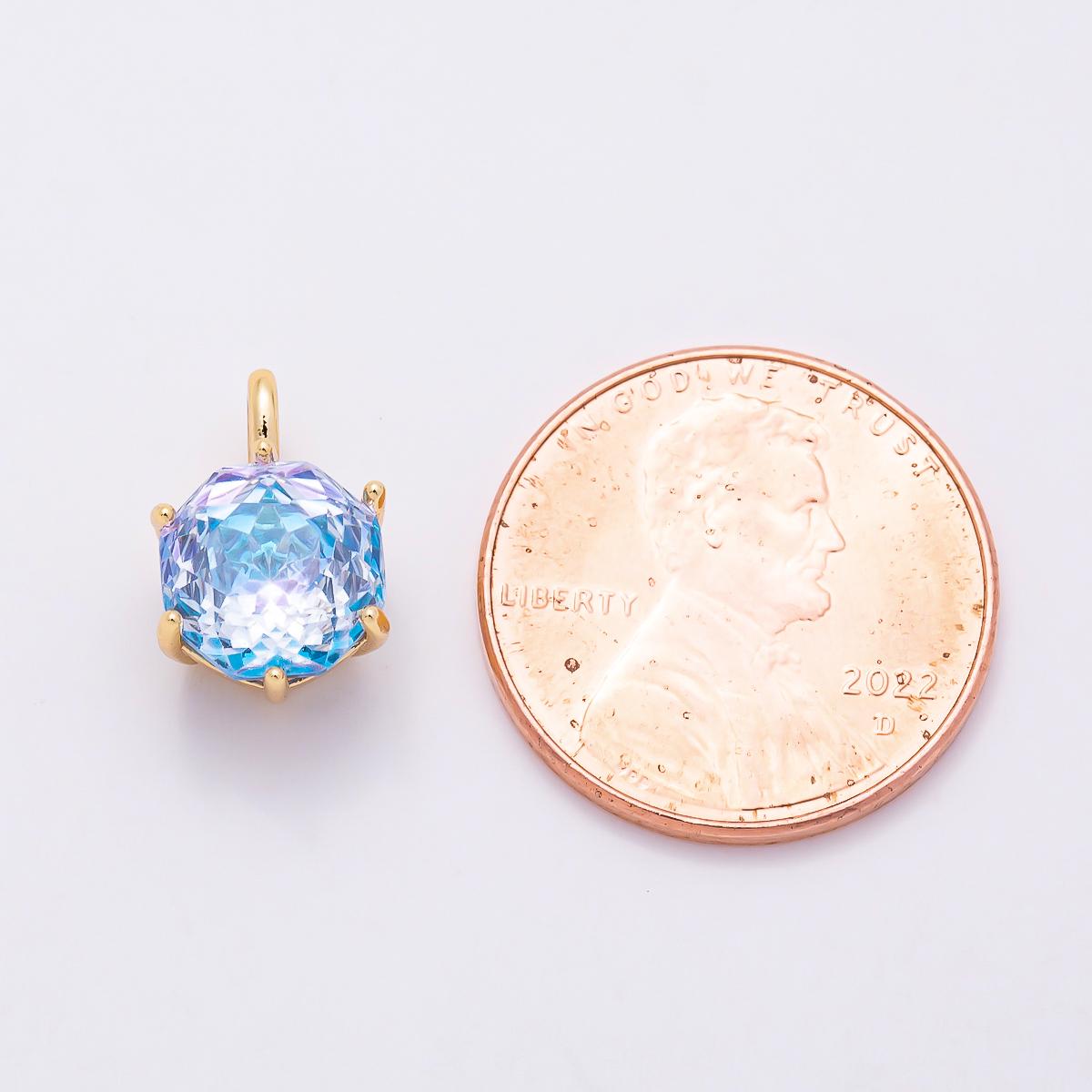 16K Gold Filled 13mm Blue, Pink, Purple, Clear, Yellow Round CZ Solitaire Charm Colorful Geometric Crystal DIY Necklace | Charms-01062