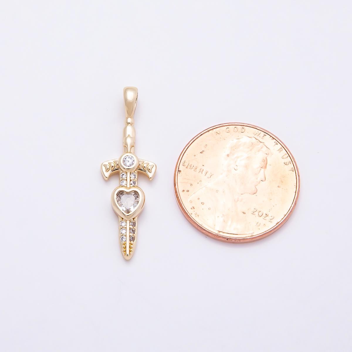 16K Gold Filled 27mm Clear Heart CZ Religious Cross Sword Pendant Dainty Dagger Charm DIY Jewelry Making Supply for Necklace | Charms-01042