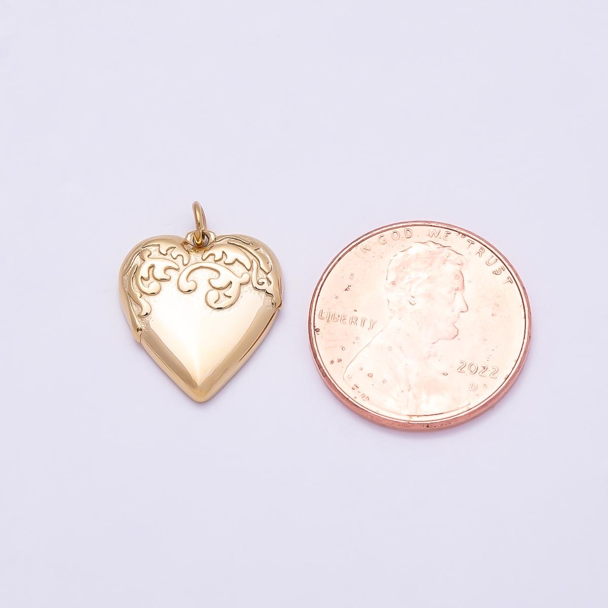 PVD Gold Stainless Steel 16mm Vintage Textured Chubby Love Heart Charm Engraved Scroll Flower Pendant DIY Jewelry Supply | Charms-01014