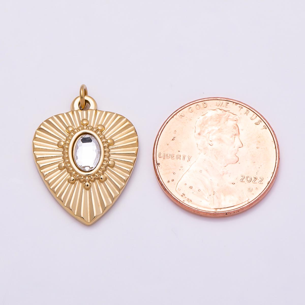 PVD Gold Stainless Steel 20mm Clear Oval CZ Radiant Sunburst Heart Medallion Charm Shield Crystal Boho Statement DIY Supply | Charms-01023