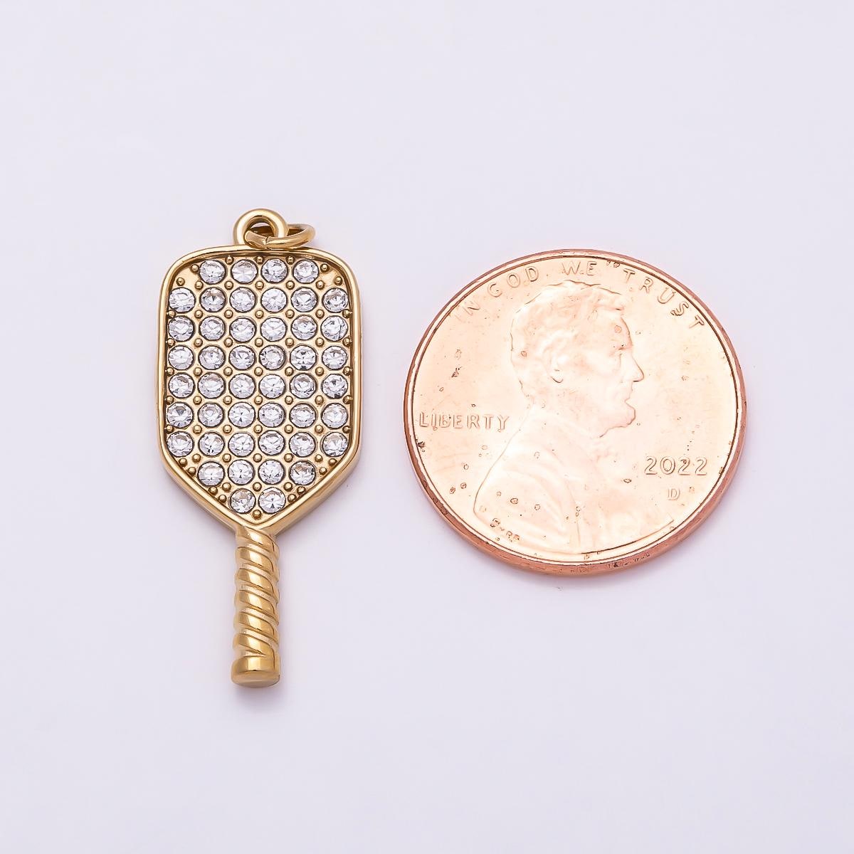 PVD Gold Stainless Steel 28mm Micro Paved CZ Racket Pickleball Paddle Sport Charm Crystal Tennis Jewelry DIY Supply | Charms-01024