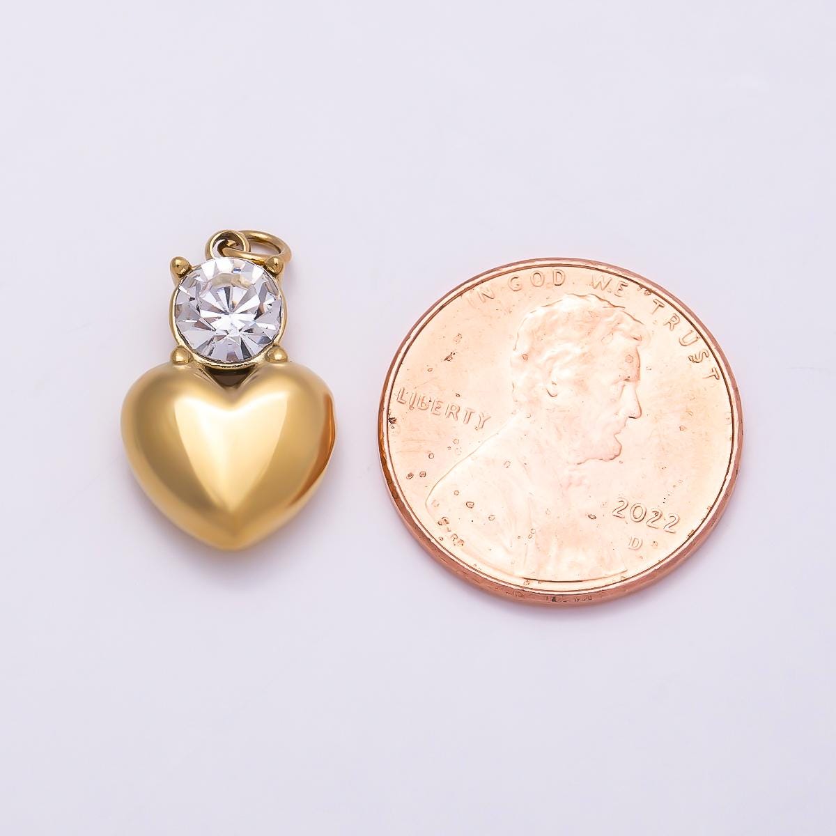 PVD Gold Stainless Steel 18mm Clear CZ Heart Mini Charm Romantic Solitaire Gem Jewelry DIY Supply for custom Necklace | Charms-01026