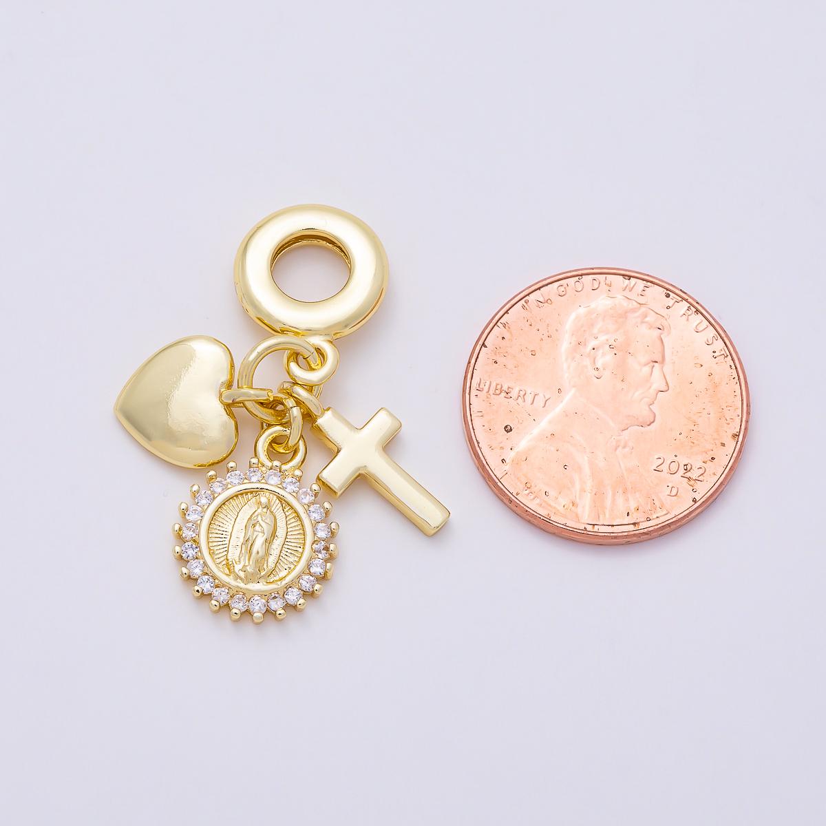16K Gold Filled 31mm Religious Heart Cross Mother Mary CZ Round Drop Rondelle Pendant Virgin Maria Sunburst Jewelry Supply | Charms-01157