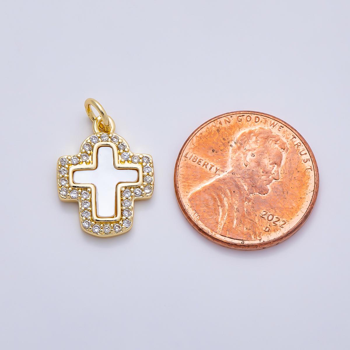 16K Gold Filled 16.5mm Shell Pearl Micro Paved CZ Cross Charm in Gold & Silver Layered Religious Pendant DIY Necklace Jewelry | Charms-01257