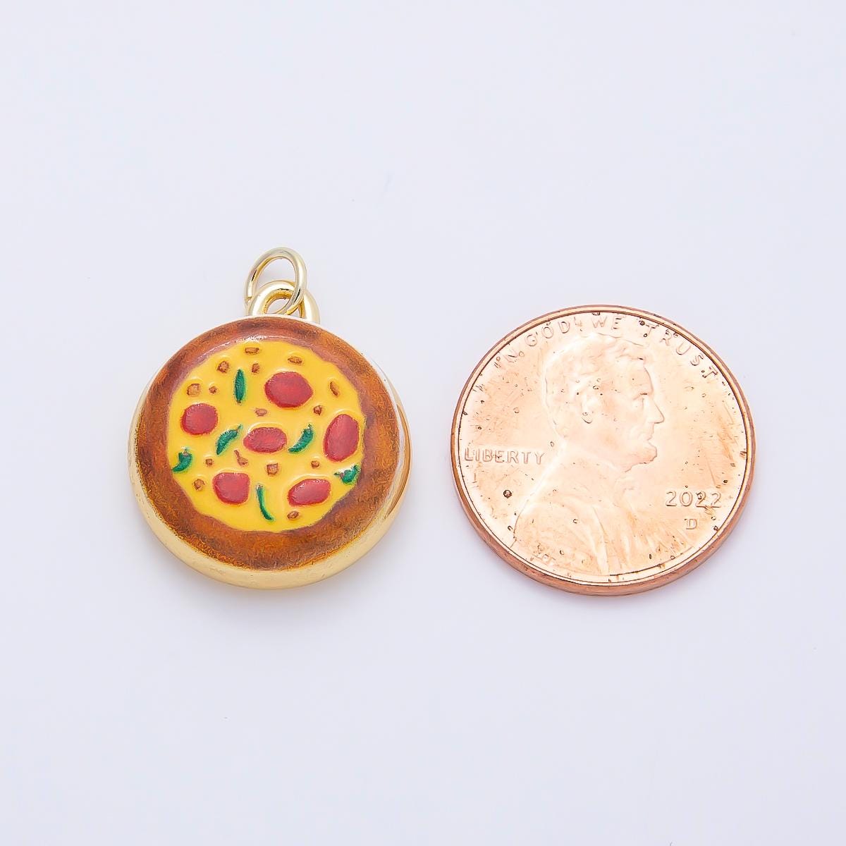 16K Gold Filled 20mm Pepperoni Pizza Enamel Round Charm Medallion Food Pendant for DIY Jewelry Making Supplies Necklace | Charms-01243