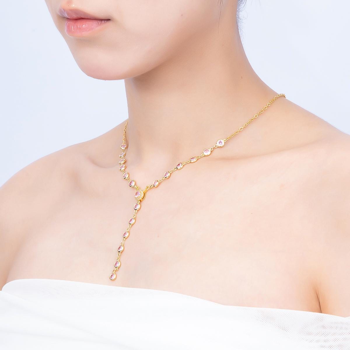 18K Gold Filled Lariat Necklace, Y Necklace Pink CZ Necklace, Minimalist Jewelry Long Gold Necklace 17.12 inch WA-4722