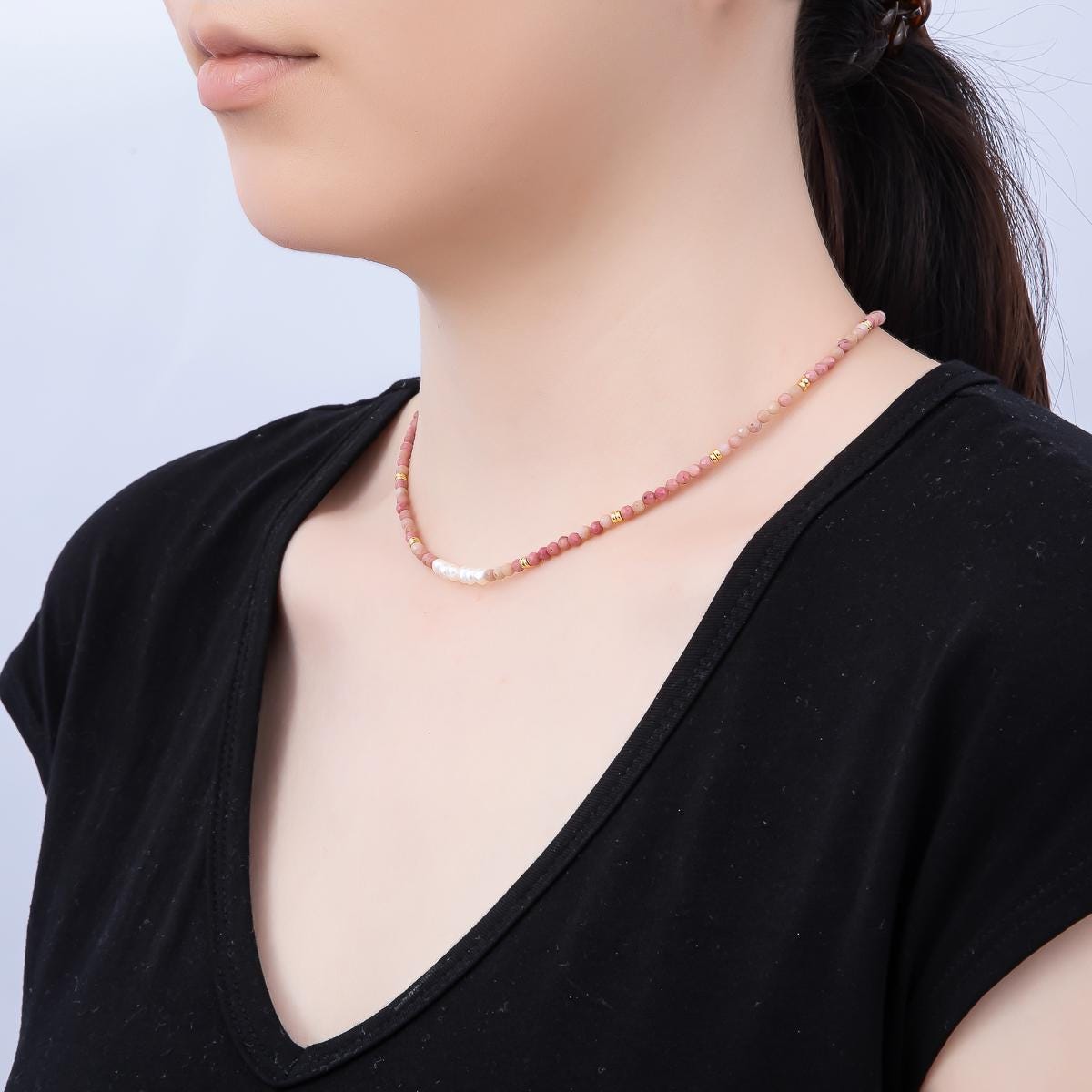 Handmade Stainless Steel 3mm Shell Pearl Rose Quartz Gemstone Chain 15.5 Inch Necklace Dainty Pink Beaded Romantic Jewelry Gift | WA-04653