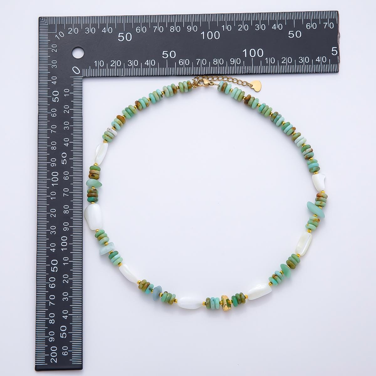 Handmade 7mm White Shell Pearl Turquoise Rondelle Gemstone Chain 15.5 Inch Necklace Summer Beach Style Layering Choker Gift | WA-04727