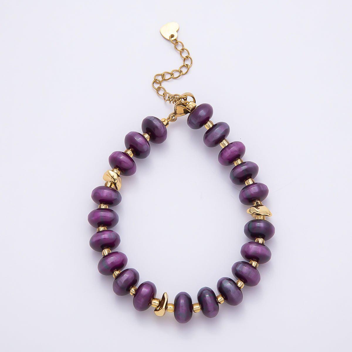 Handmade 10mm Round Flat Rondelle Bead Resin 7.5 Inch Bracelet w/ Extender Gold Earthy Beaded Protection Jewelry Gift | WA-04613