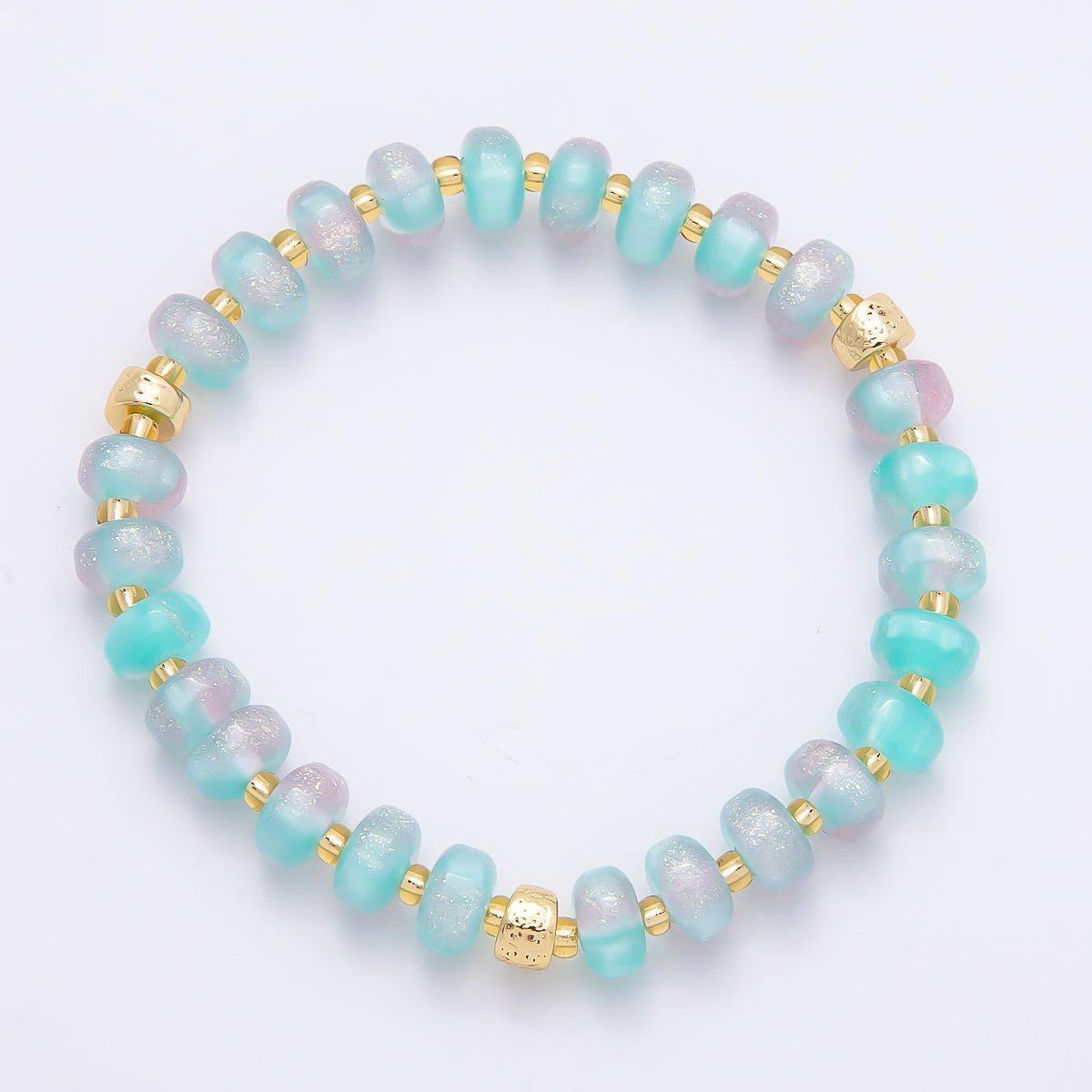 8mm Multicolor, Blue, Yellow, Pink, Orange, Green Glitter Rondelle Bead Resin 7 Inch Stretch Bracelet Shimmer Summer Jewelry | WA-04559