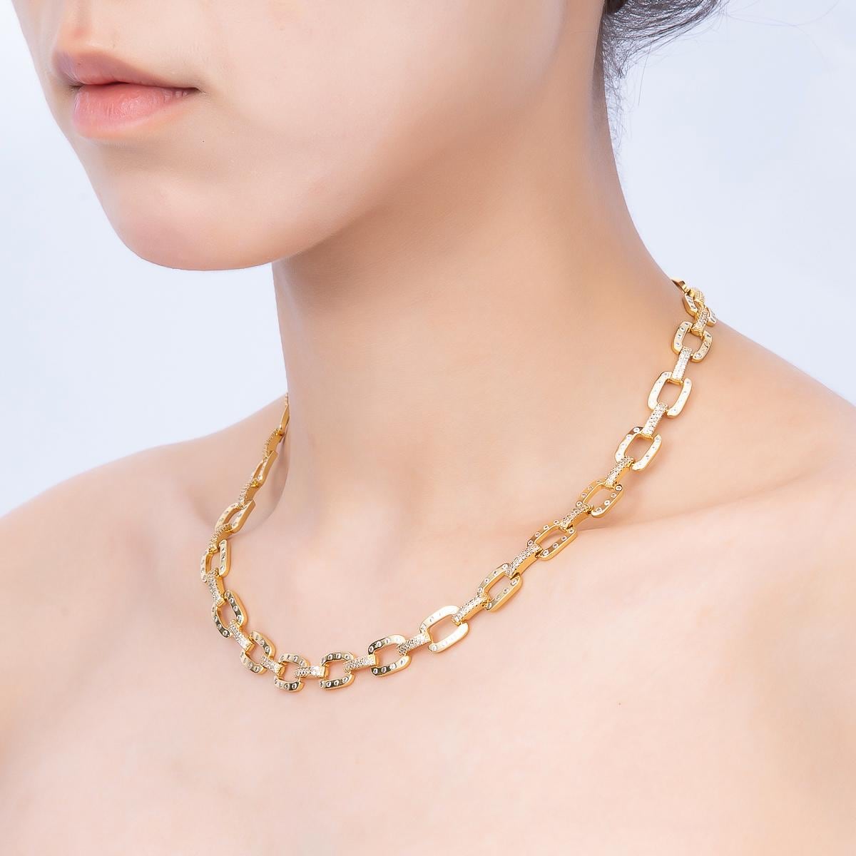 Statement Gold Micro Pave Chain CZ Paper Clip Cable Chain Specialty Link Micro Pave Clear Chain Chunky Chain Necklace WA-4759