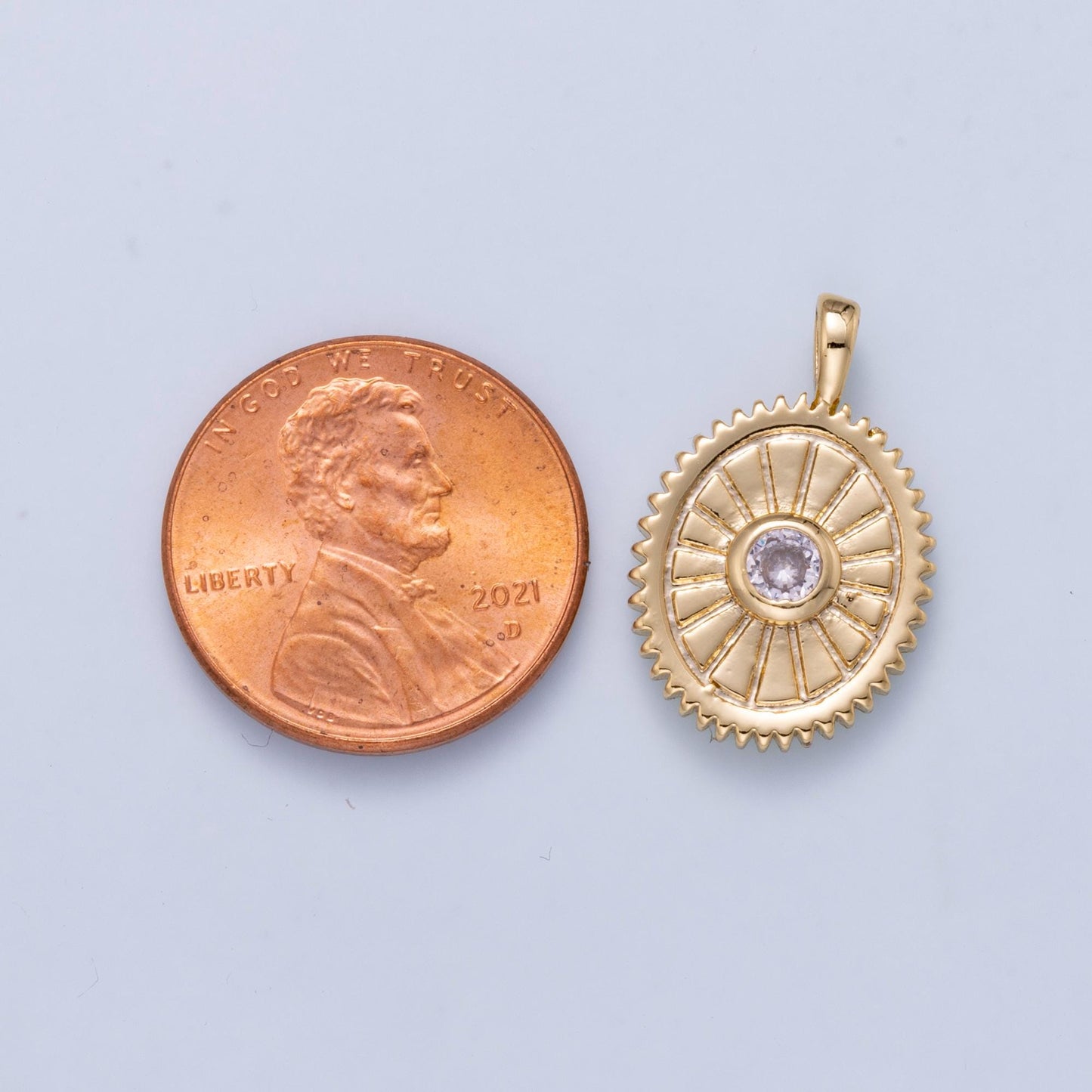 16K Gold Filled 21mm Clear CZ Geometric Lined Textured Sunburst Oval Pendant Layering Necklace Earring Jewelry DIY Supply | Charms-01046