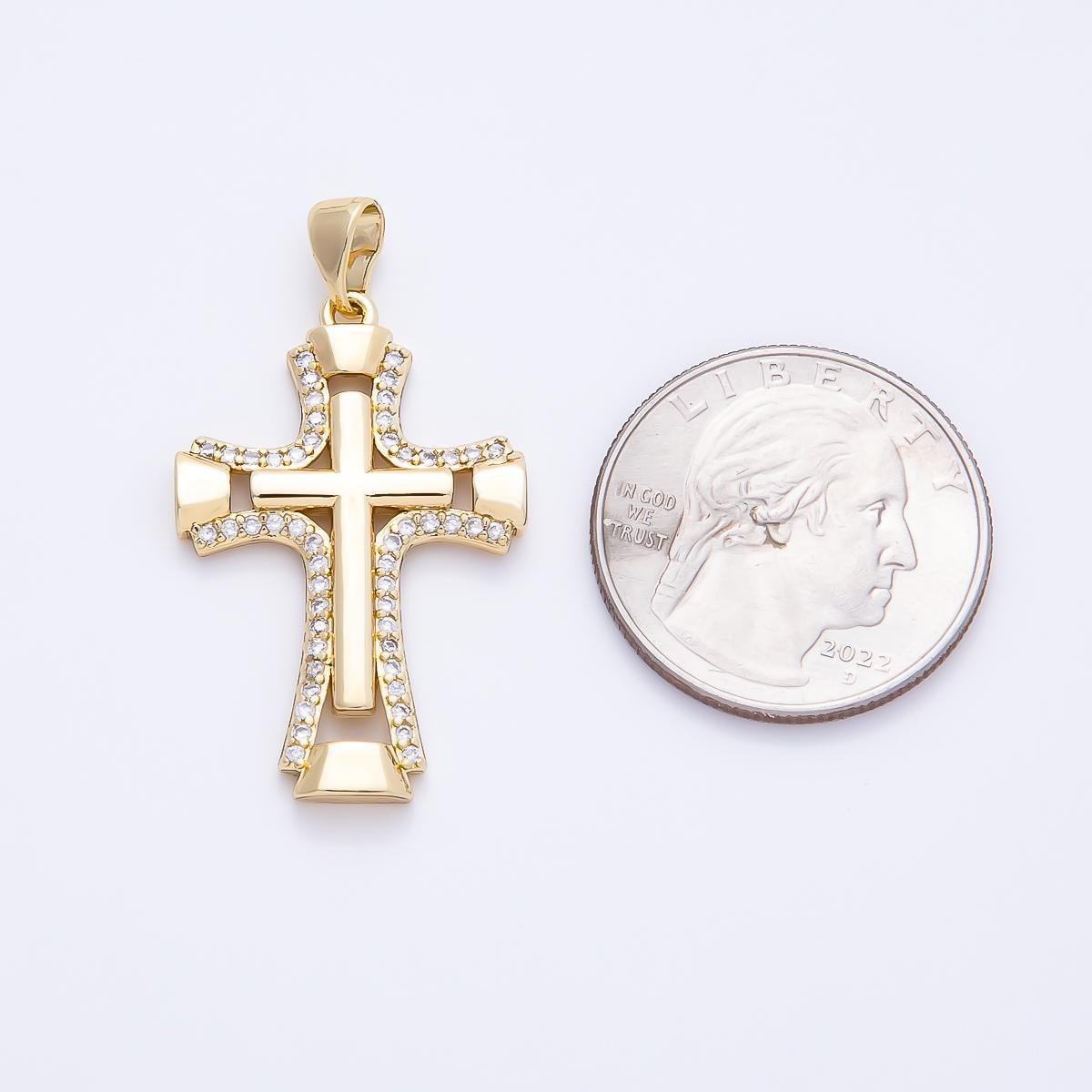 14K Gold Filled 33mm Micro Paved CZ Double Open Flared Cross Pendant Religious Charm for DIY Necklace Jewelry Making Supplies | Charms-01261
