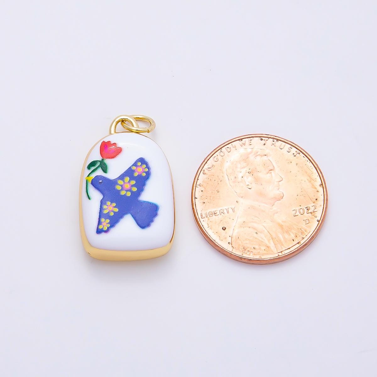 16K Gold Filled 20mm Bird Dove of Peace with Flower Plant Enamel Charm Folk Art Bird Rose Medallion Tablet Charm DIY Jewelry | Charms-01240