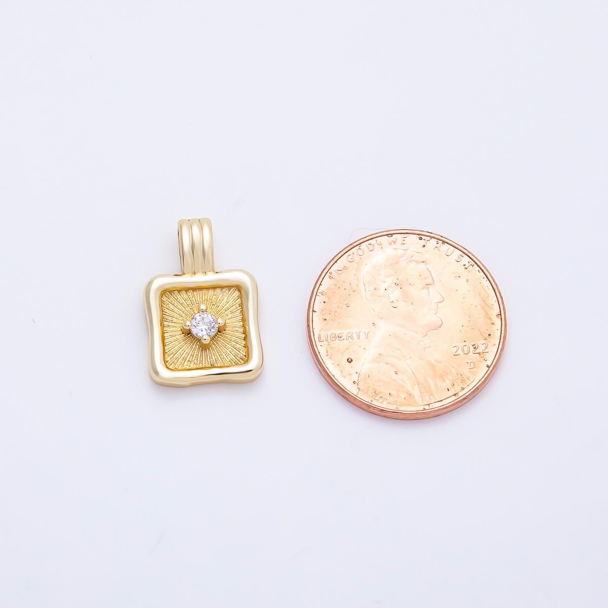 16K Gold Filled 16mm Clear CZ Sunburst Molten Bezel Square Pendant Textured Starburst Tablet Charm DIY Jewelry Making Supply | Charms-01249