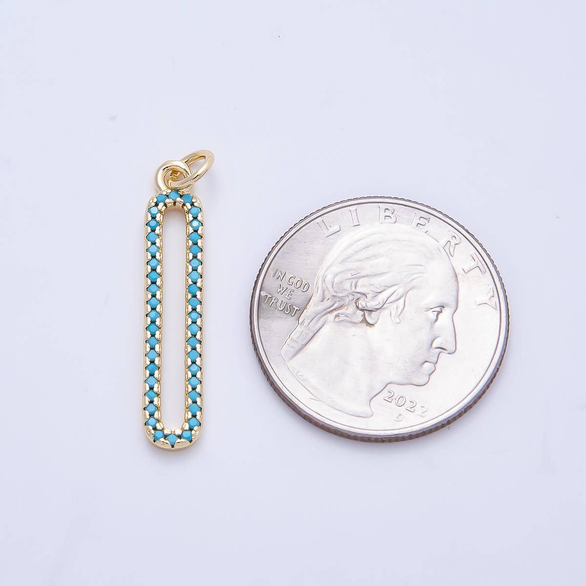16K Gold Filled 28.5mm Turquoise Micro Paved Open Oblong Charm Elongated Oval Bar Pendant Elegant Wedding Necklace Supply | Charms-01252