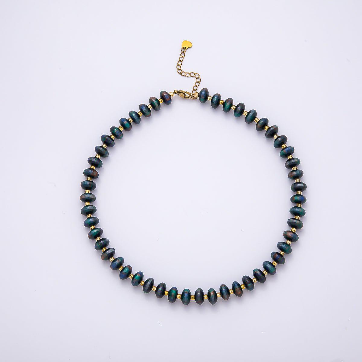 Stainless Steel 10mm Rondelle Resin Bead 16 Inch Necklace w. Extender Iridescent Crystal Choker Boho Jewelry Gift for Her | WA-04601