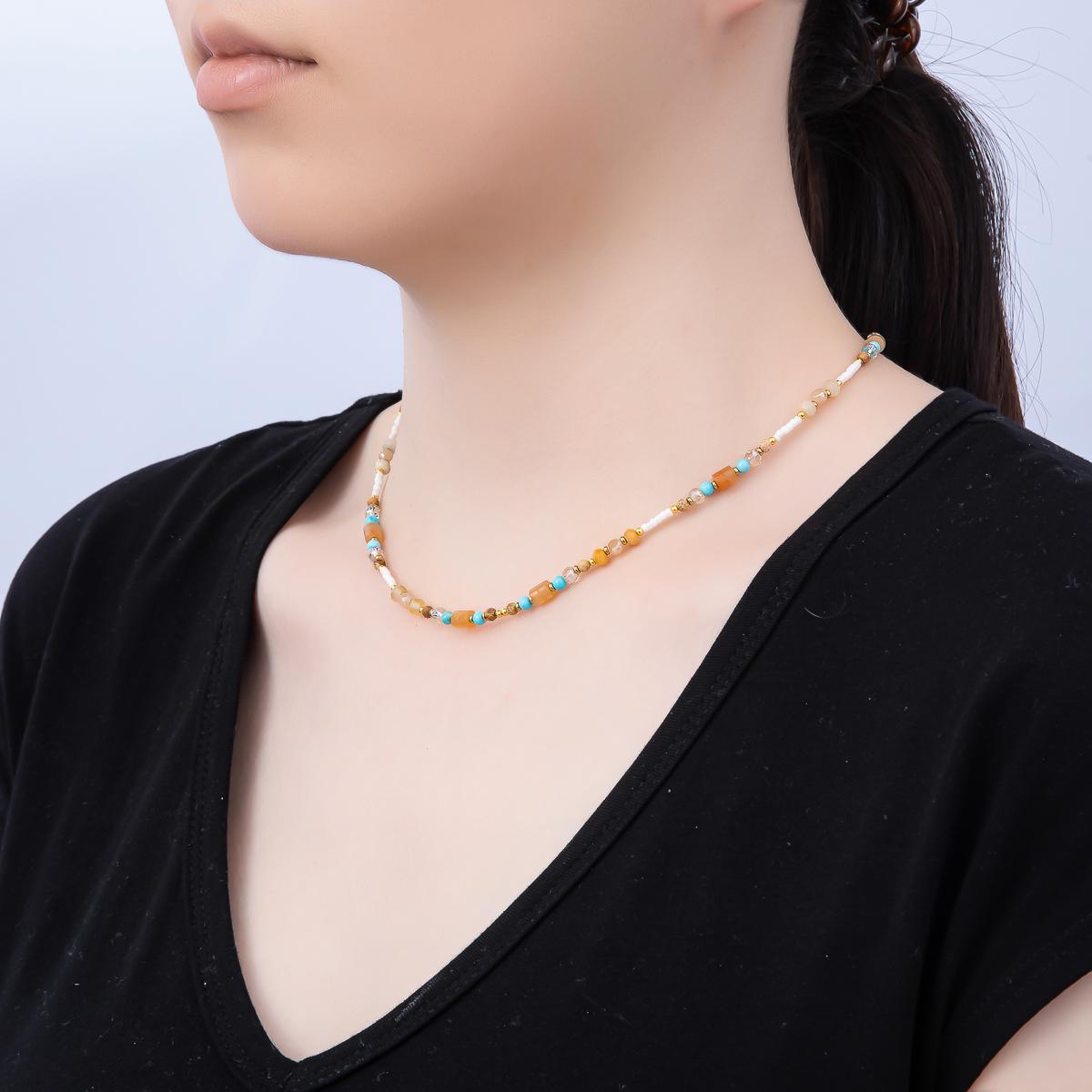 Handmade Stainless Steel 2mm Earth Tone Turquoise Citrine Gemstone Chain 15.5 Inch Necklace Boho Western Crystal Jewelry Gift | WA-04648