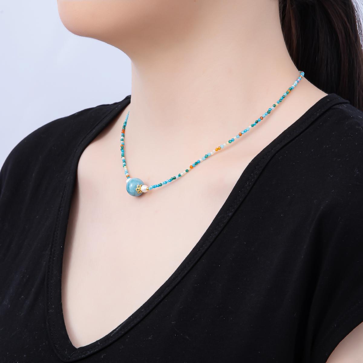 Handmade Stainless Steel 2mm Amazonite Gemstone Chain 16 Inch Necklace Coastal Layering Jewelry Summer Gift for Her | WA-04639