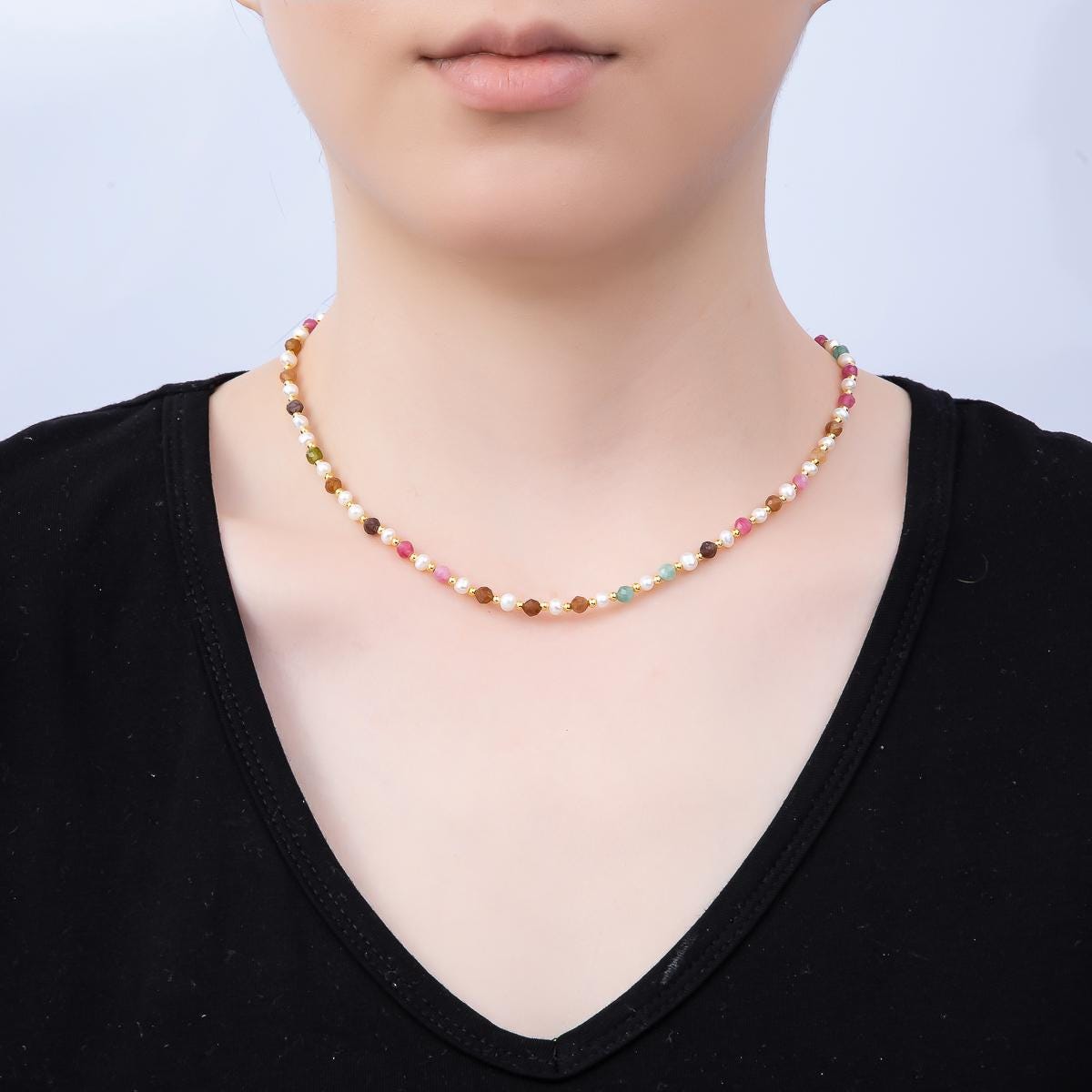 Handmade Stainless Steel 2mm Multifaceted Multicolor Gemstone Chain 16 Inch Necklace Boho Confetti Layering Jewelry Gift for Her | WA-04642