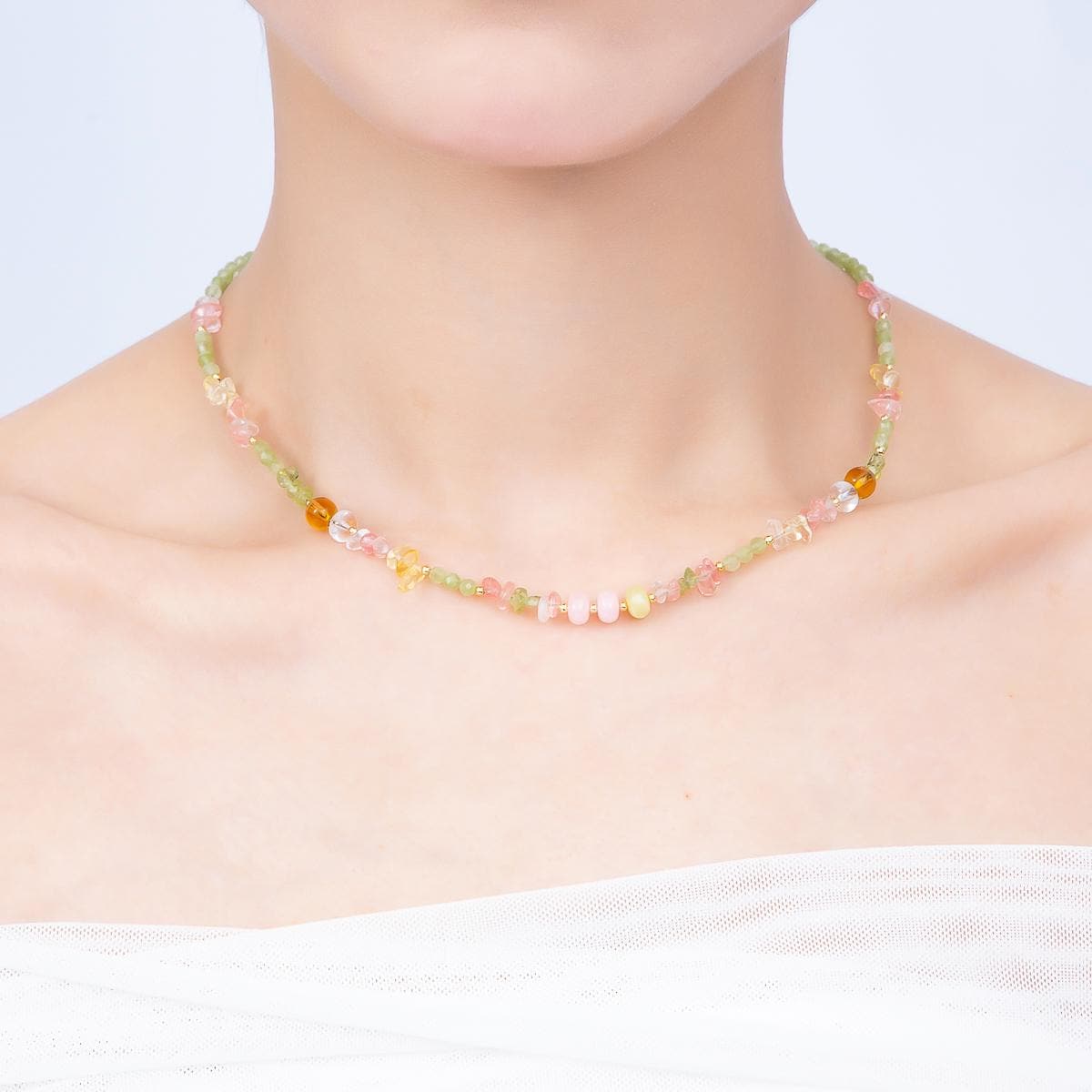 Handmade Pastel Gemstone Necklace, Prehnite Beaded Necklace, Cherry Quartz Choker, Dainty Layering Necklace, Boho Jewelry WA-4733