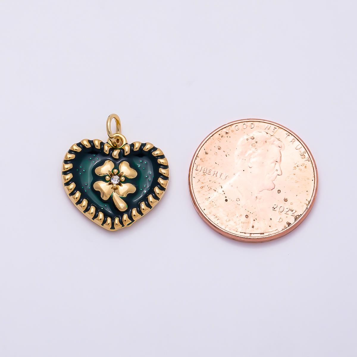PVD Gold Stainless Steel 16mm Clear CZ Green Enamel Clover Heart Charm Whimsical Shamrock Pendant DIY Statement Jewelry Supply| Charms-01327