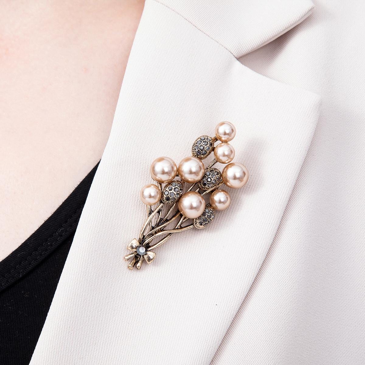 Vintage Gold 65mm Shell Pearl Rhinestone Paved Flower Bouquet Pin Brooch Champagne Floral Cluster Fashion Accessory Coats & Bags | BH-00180