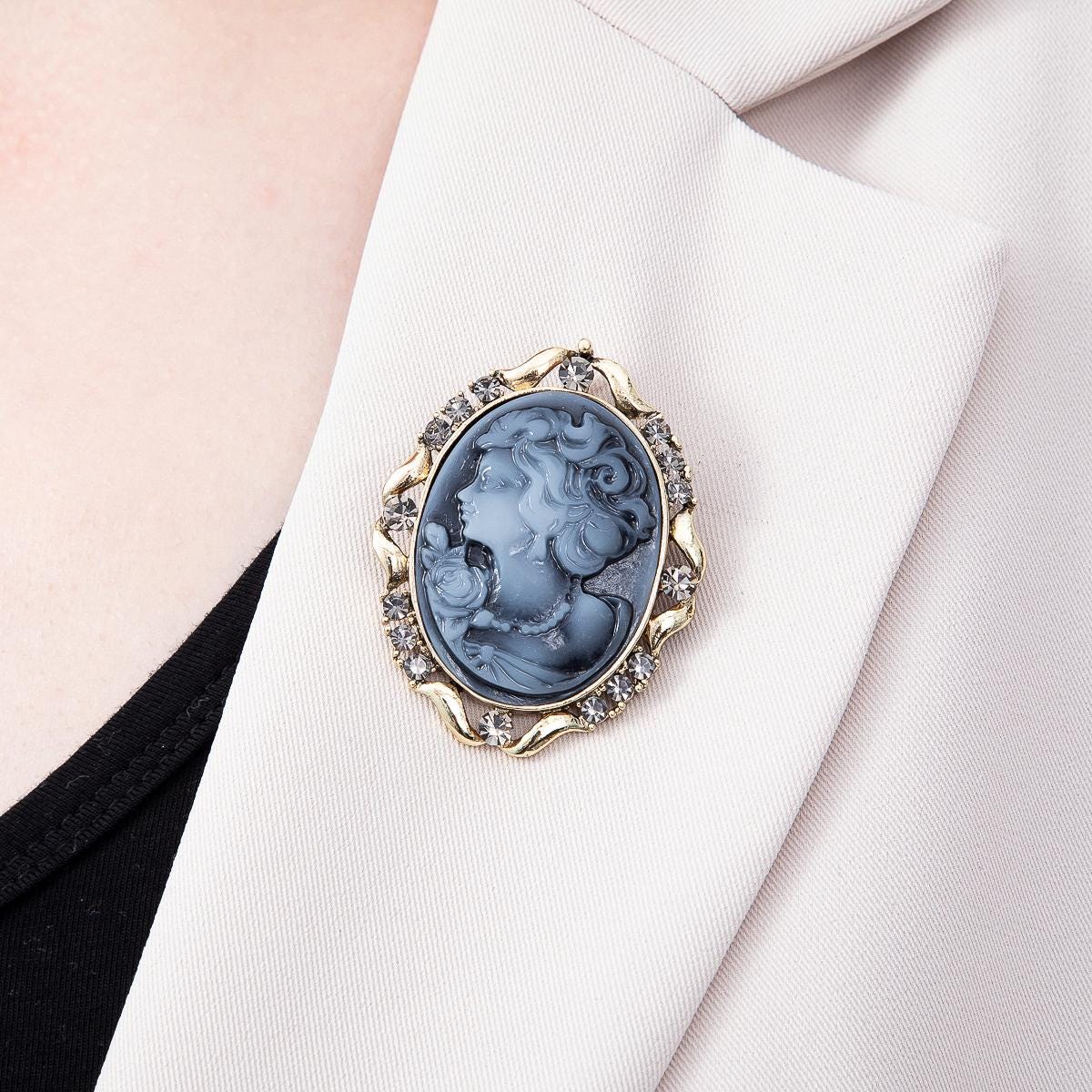 Antique Gold 50mm Blue Epoxy Lady Portrait Cameo Rhinestone Oval Pin Victorian Style Elegant Brooch Fashion Accessory for Coats | BH-00160
