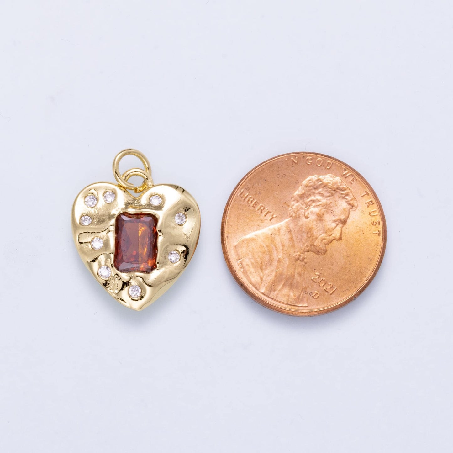 16K Gold Filled 16.5mm Red Baguette CZ Dotted Hammered Heart Charm Pave Starburst Textured Love Pendant for Jewelry Making | Charms-01268