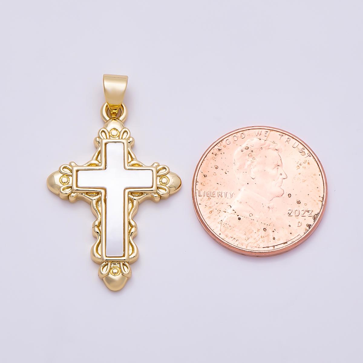16K Gold Filled 28mm Shell Pearl Artisan Religious Cross Pendant Vintage Catholic Crucifix Necklace Charm DIY Jewelry Supply | Charms-01311