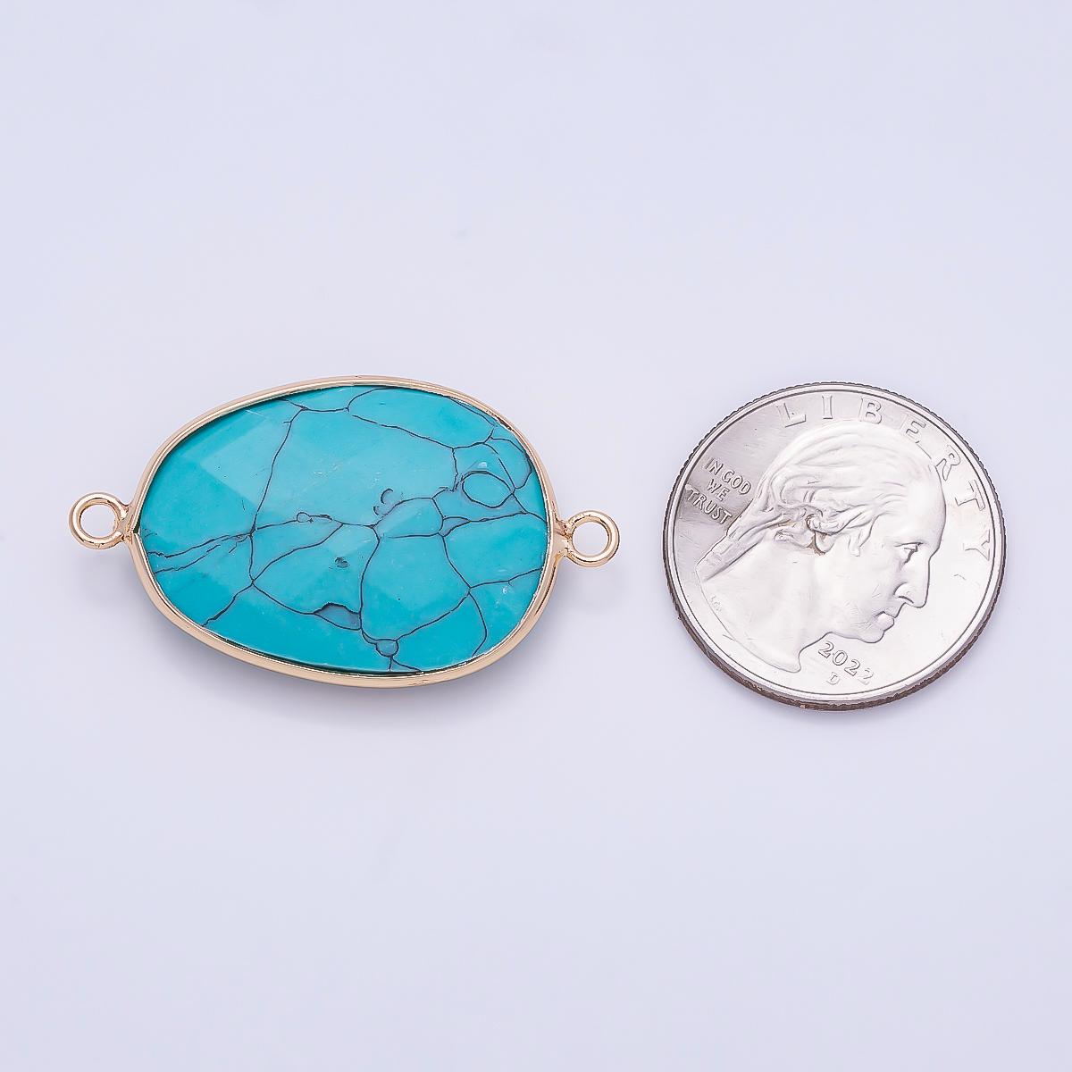 18K Gold Filled 23mm Blue Turquoise Multifaceted Bezel Connector Faceted Oval Gemstone Double Loop Charm Western Boho | Connectors-00032
