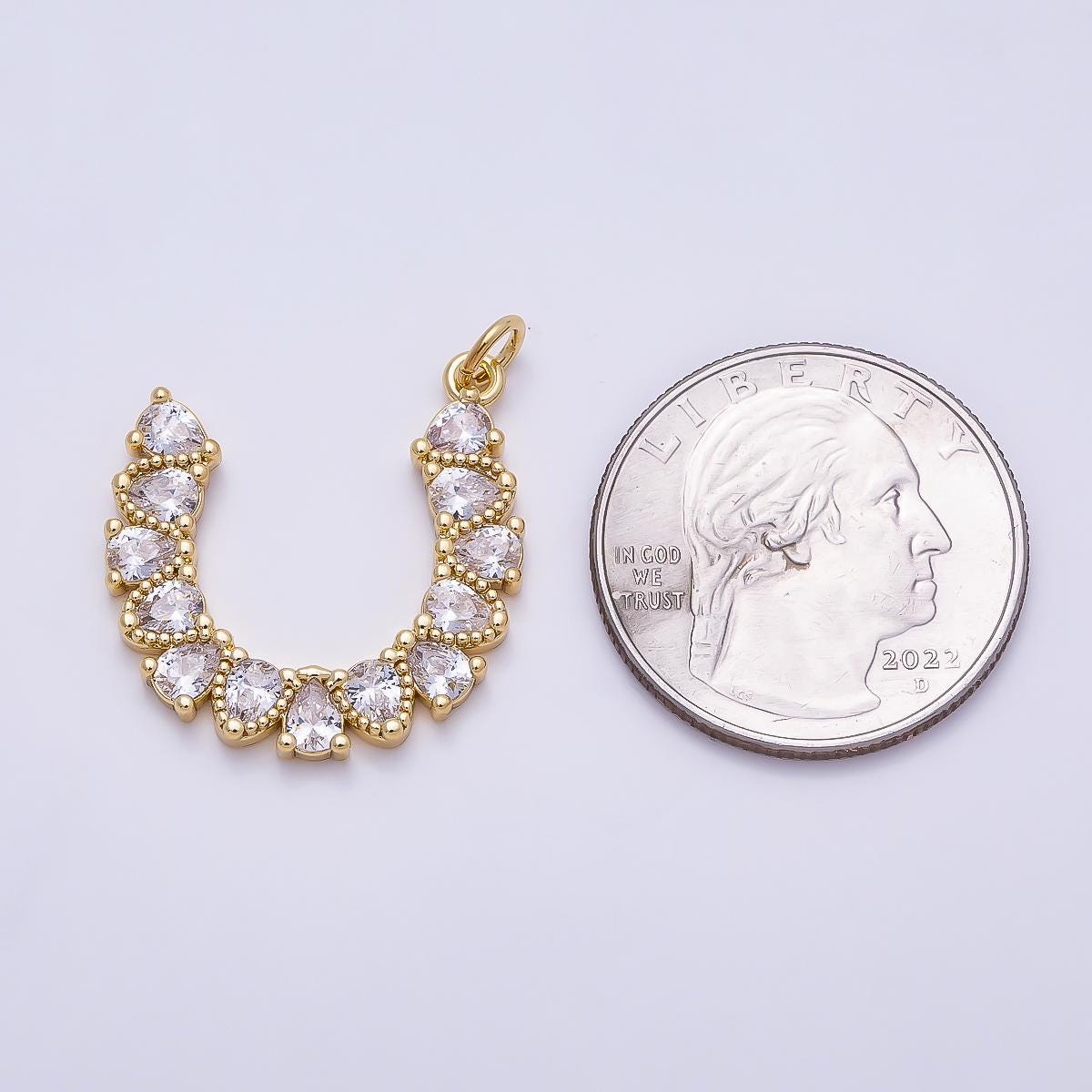 16K Gold Filled 24mm Clear CZ Teardrop Horseshoe Charm Lucky U-Shape Pendant Jewelry Gift for Her DIY Necklace Making Supply | Charms-01350