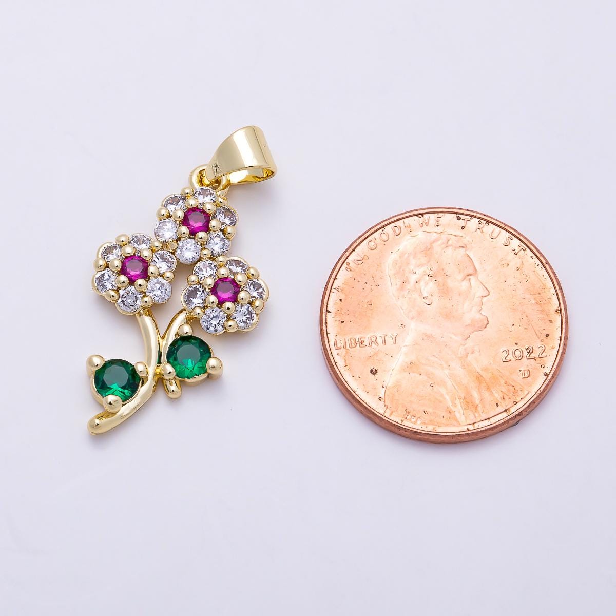 16K Gold Filled 24mm Multicolor Micro Paved CZ Triple Flower Pendant Colorful Botanical Birthstone Charm for Jewelry Making | Charms-01400