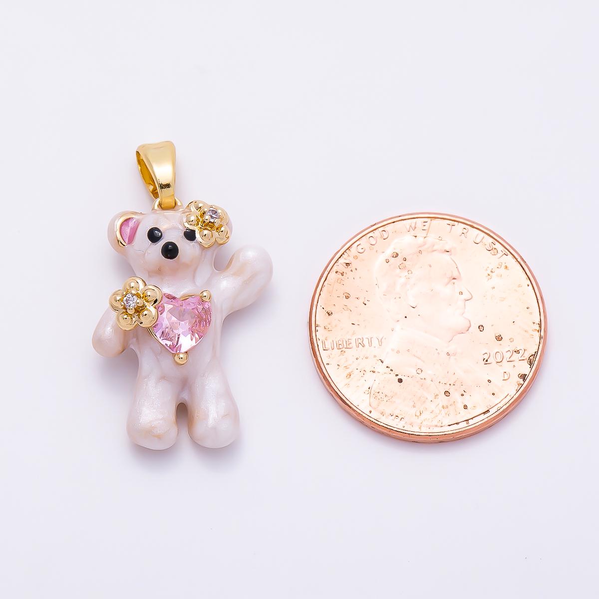 16K Gold Filled 21mm CZ Enamel Pink Heart Flower Teddy Bear Pendant Floral Animal Jewelry Gift for Daughter DIY Jewelry Supply| Charms-01279